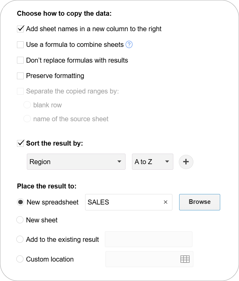 Configuring Combine Sheets rules to add source sheet names and select output location.