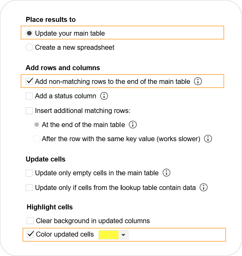 Configuring merge rules in Merge Sheets. Merge Sheets options showing update mode, add non-matching rows, and highlight cells settings.