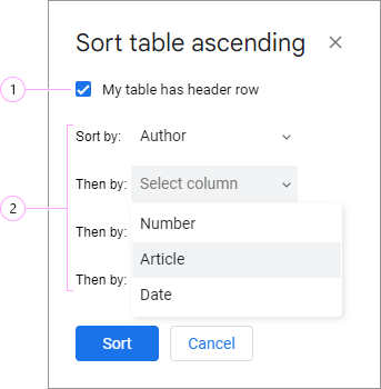 The sort dialogue with a header-row checkbox and column selectors.