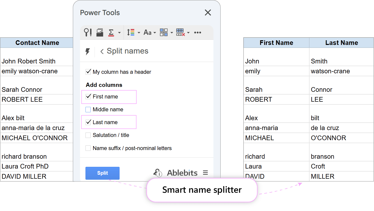 Splitting full names into First Name and Last Name columns. Split Names interface configured to split full names into First Name and Last Name columns.