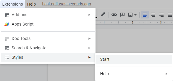 The Google Docs Extensions menu with Styles and the Start command highlighted.