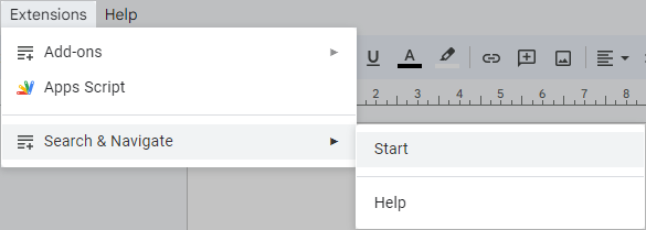 The Google Docs Extensions menu with Search & Navigate and the Start command.