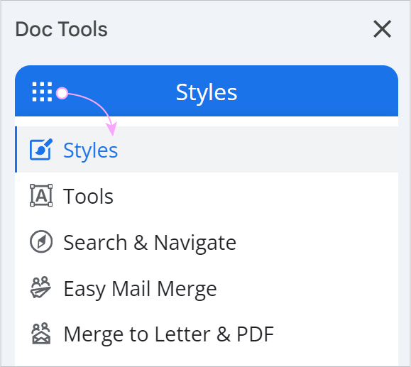 The Doc Tools sidebar with the waffle icon at the top that switches between add-ons.