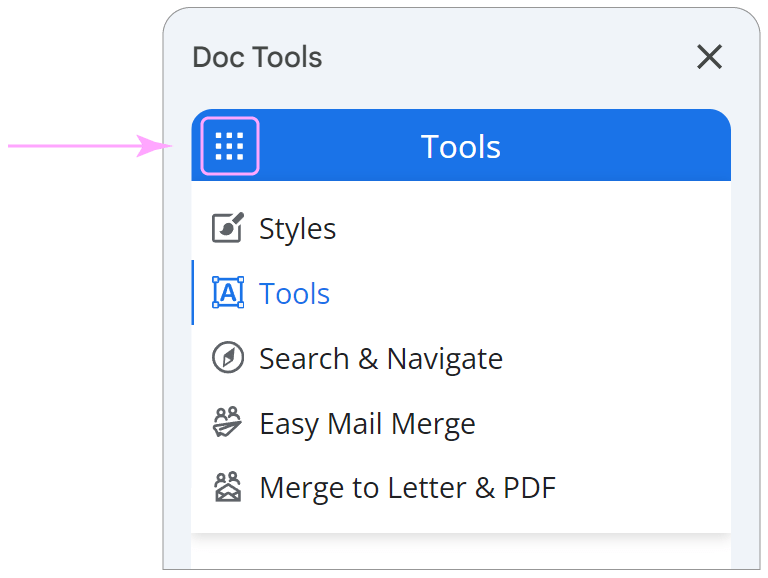 The Doc Tools sidebar with the waffle icon that switches between the five add-ons.