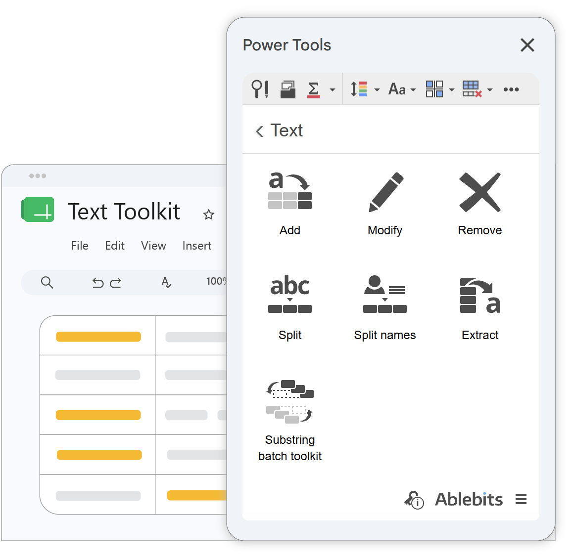 Overview of Power Tools Text utilities in Google Sheets. Power Tools add-on interface displaying the Text utilities toolkit in Google Sheets.