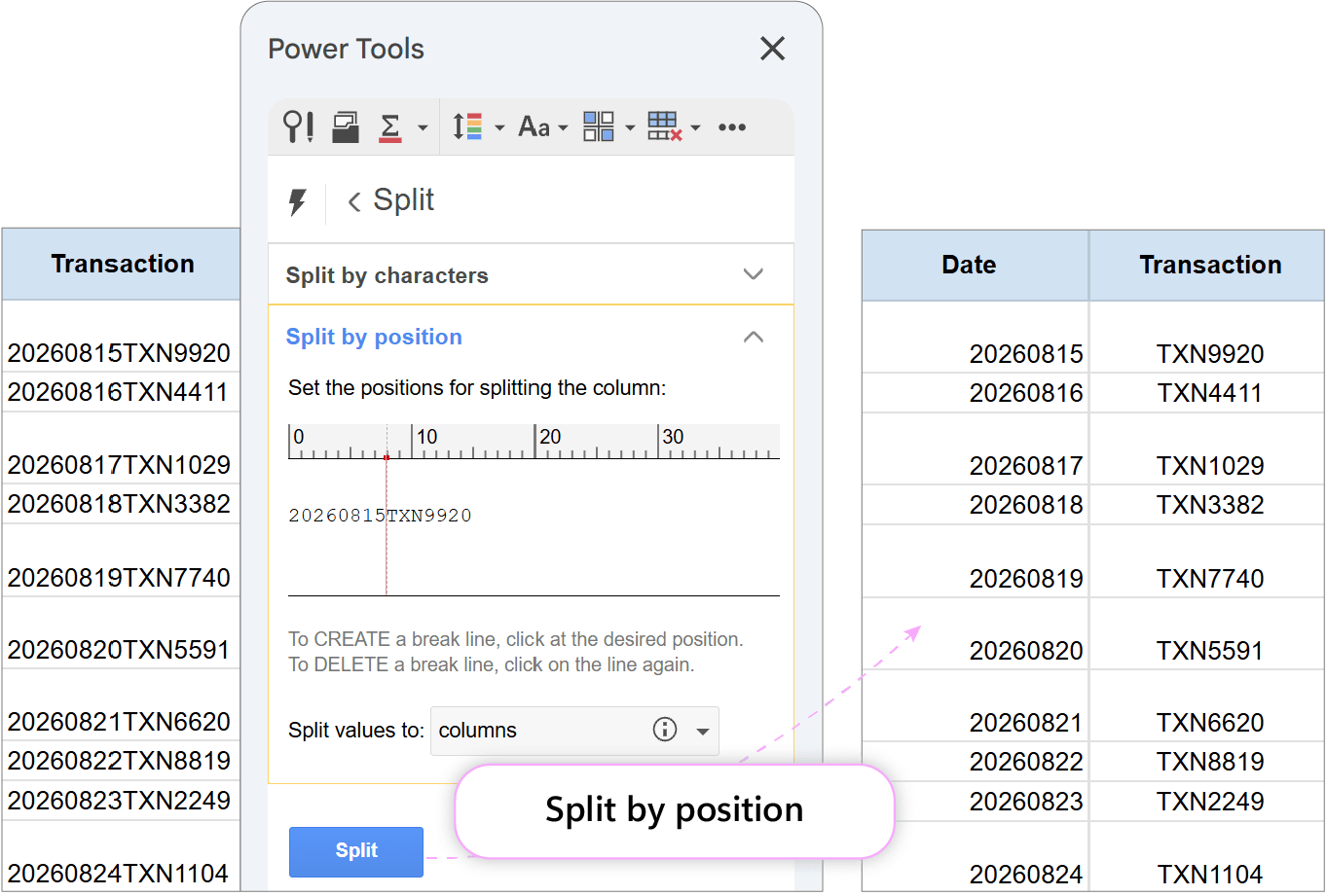 Splitting fixed-width reference codes by character position. Split by position interface displaying ruler configured to split strings after character 8.