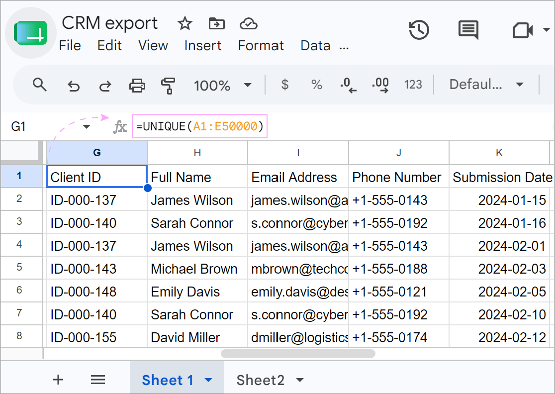 Extracting unique records using UNIQUE formula in Google Sheets.