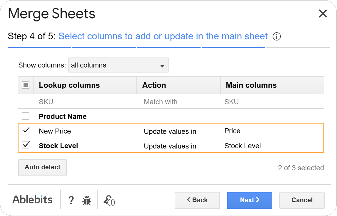 Selecting columns to update in the main table using Merge Sheets. Merge Sheets add-on interface showing Price and Stock columns selected for updating from the lookup table.