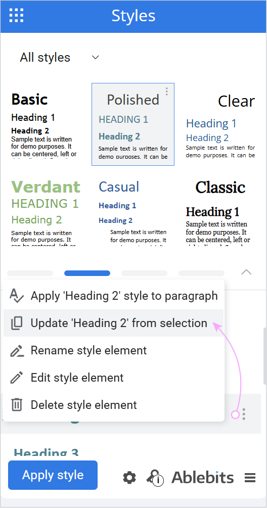 The style element context menu with the Update from selection command highlighted.