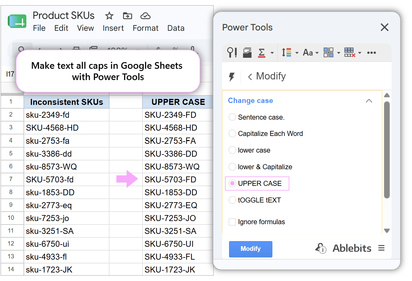Power Tools interface showing UPPER CASE option applied to standardize inventory SKUs.