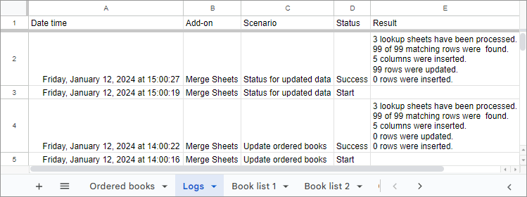 Log sheet for the automatically run scenarios