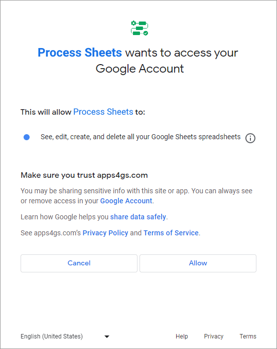 Google Sheets permissions window